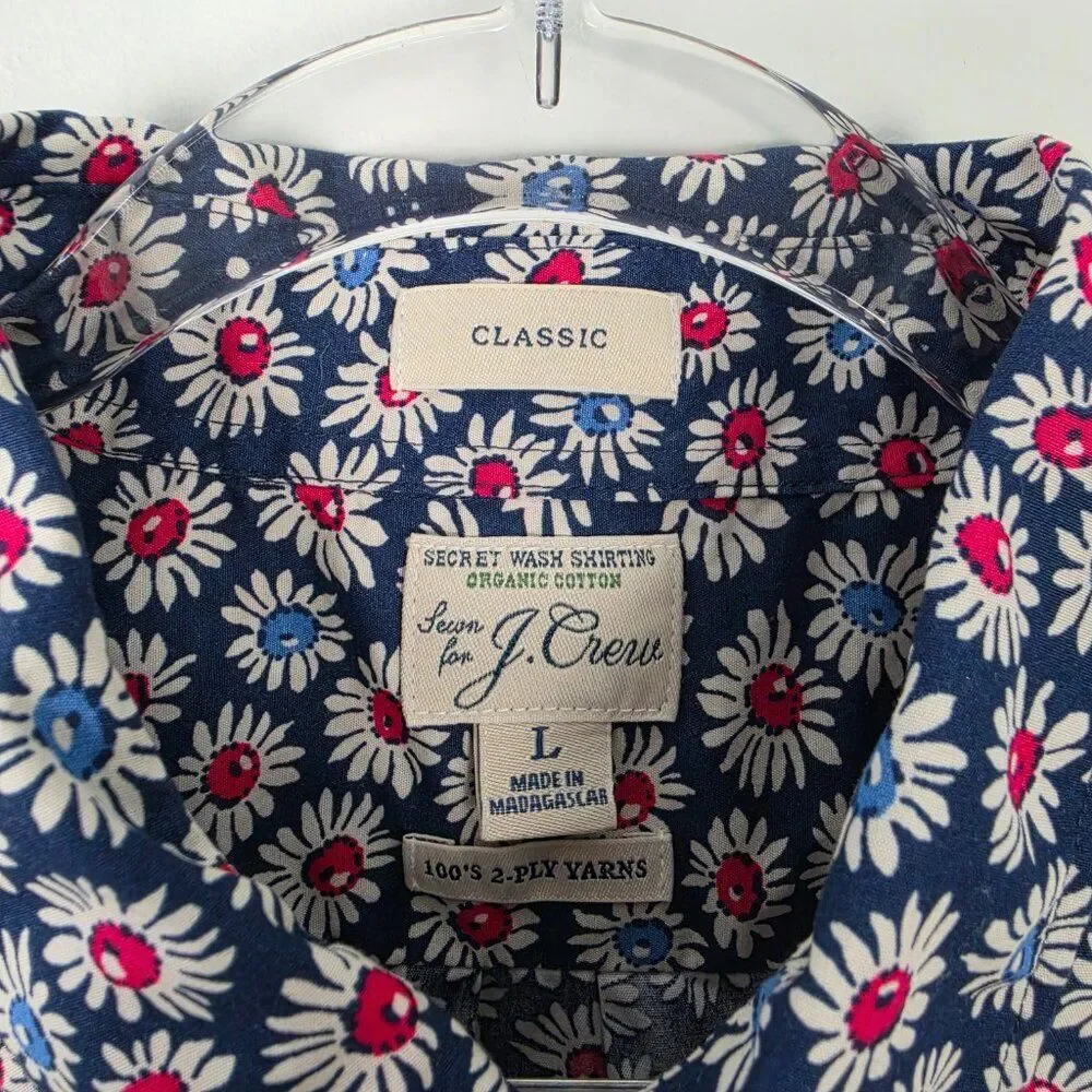 J. Crew Button Down Shirt Poplin Short Sleeve Organic Cotton Floral Navy Size L